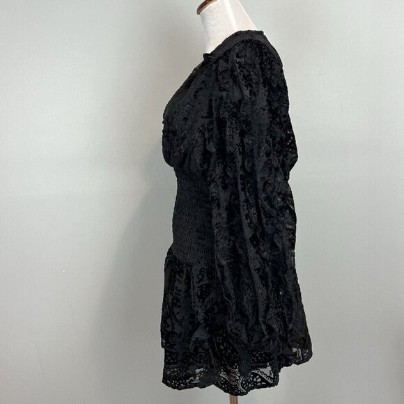 Rococo Sand Black Sade Mini Dress Size Large Velvet Burnout Smocked Bodice NWT - Picture 12 of 16